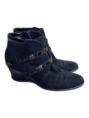 Aquatalia Black Suede Double-Buckle Wedge Ankle Booties (Weatherproof)